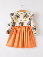 Thanksgiving Pumpkin Leopard Floral Print Girls Dress