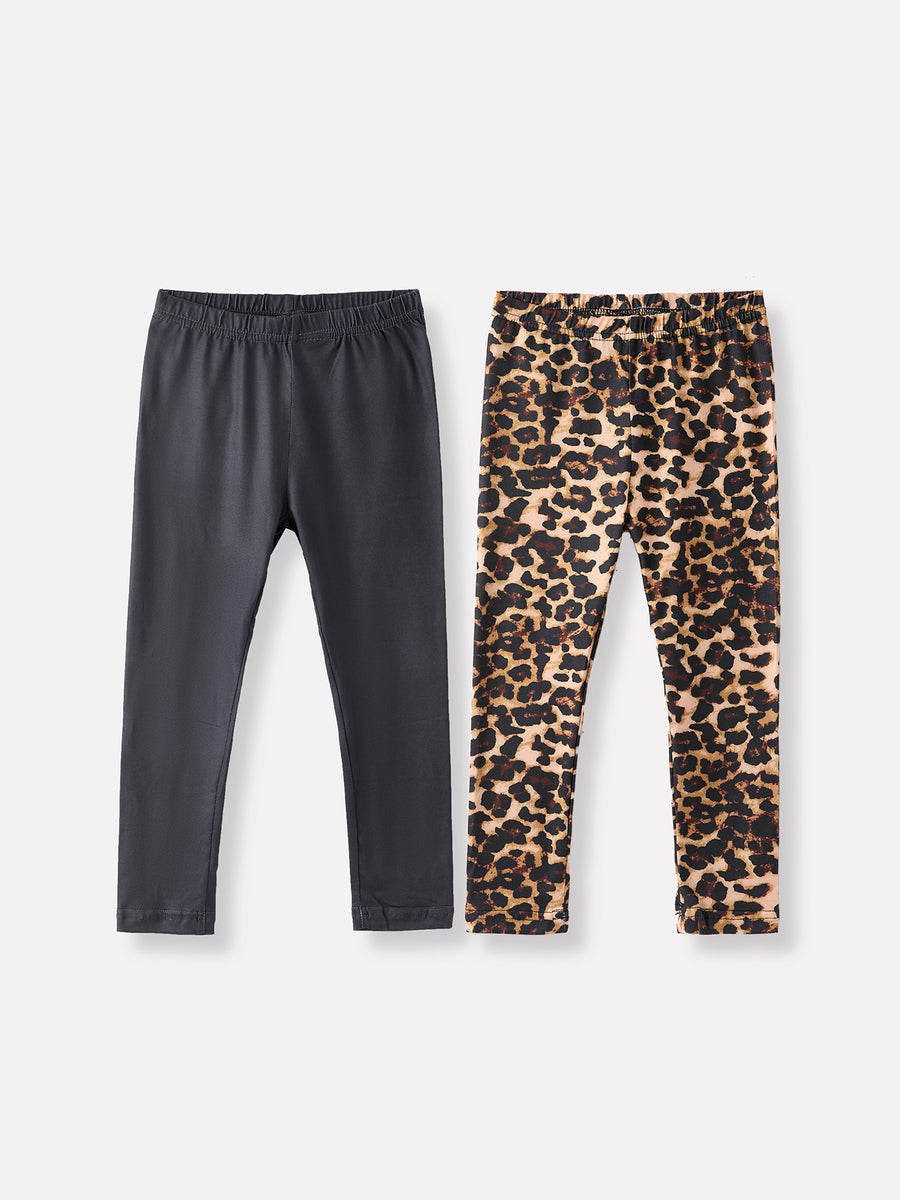 Girls Black Leopard Casual Pants Two-Piece Set