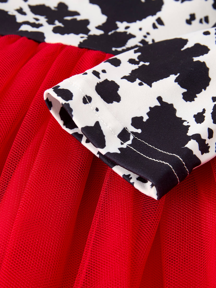 Autumn Cow Pattern Girls Long Sleeve Dress