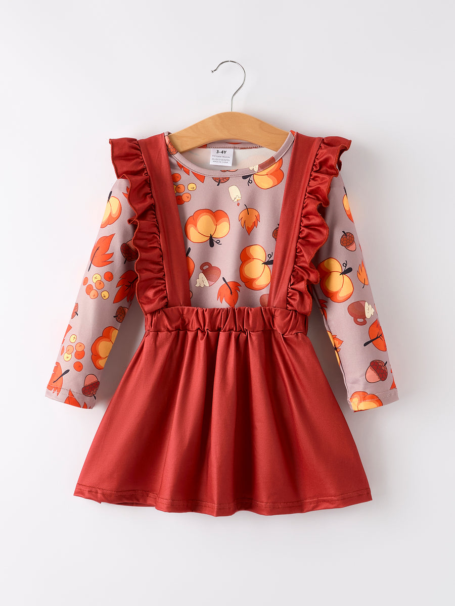 Thanksgiving Pumpkin Print Top + Suspender Dress Girls Set