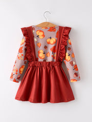 Thanksgiving Pumpkin Print Top + Suspender Dress Girls Set