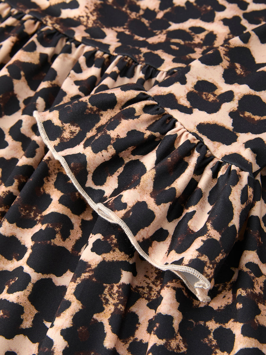 Fall Pumpkin Leopard Print Autumn Girls Ruffle Two-Piece Dress