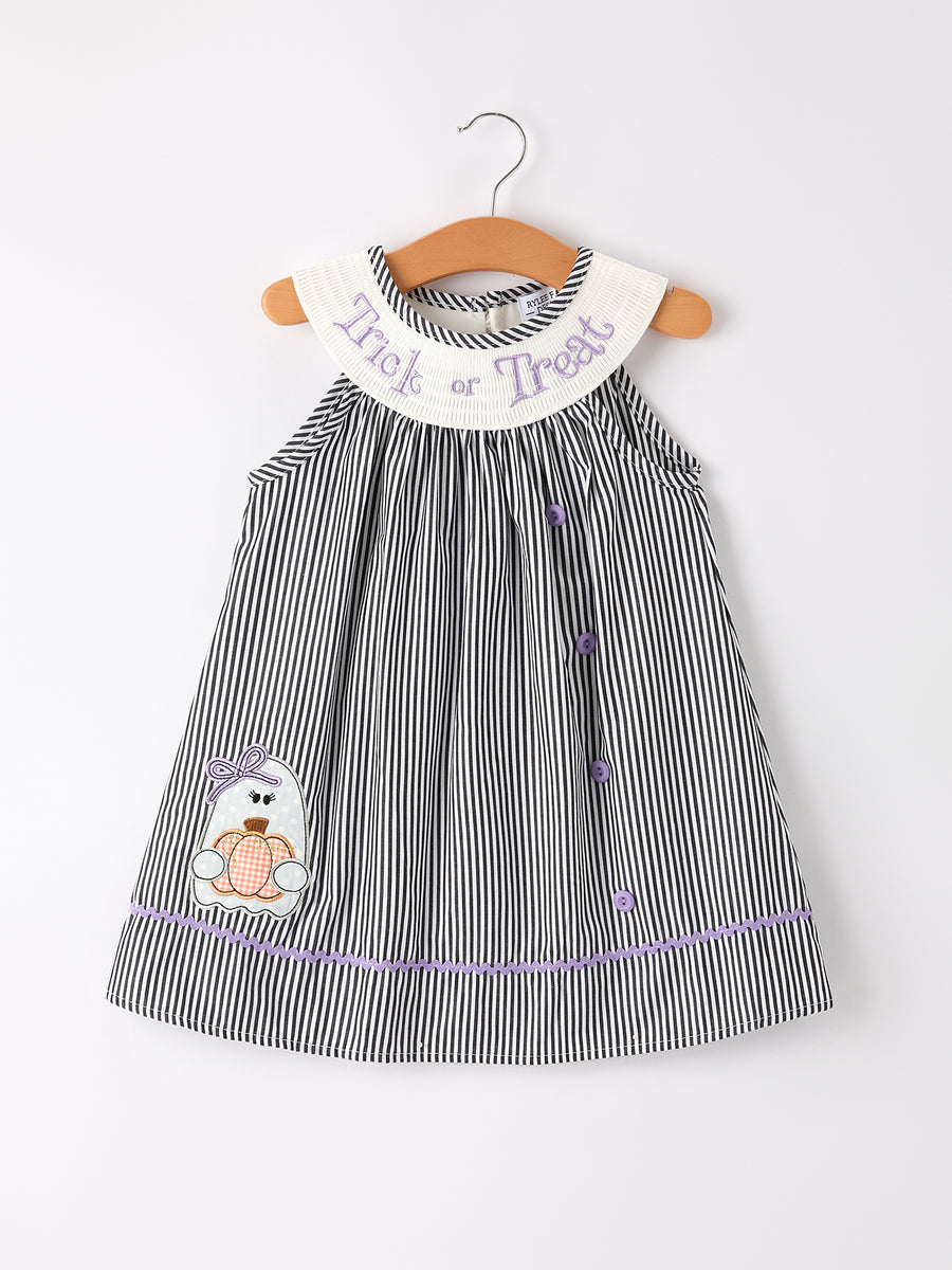 Halloween Striped "Trick Or Treat" Smock Embroidered Baby Girl Dress