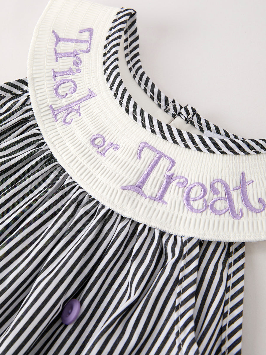 Halloween Striped "Trick Or Treat" Smock Embroidered Baby Girl Dress