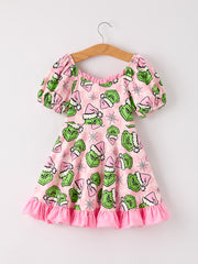 Winter Pink Christmas Character Ruffle Girls Dress