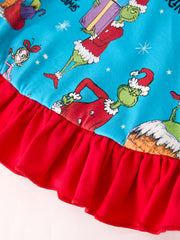 Winter Blue Christmas Tree Character Ruffle Girls Dress