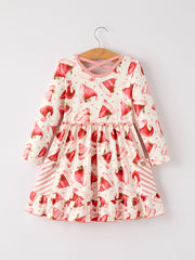 Winter Christmas Santa Hat Print Girls Pocket Ruffle Dress