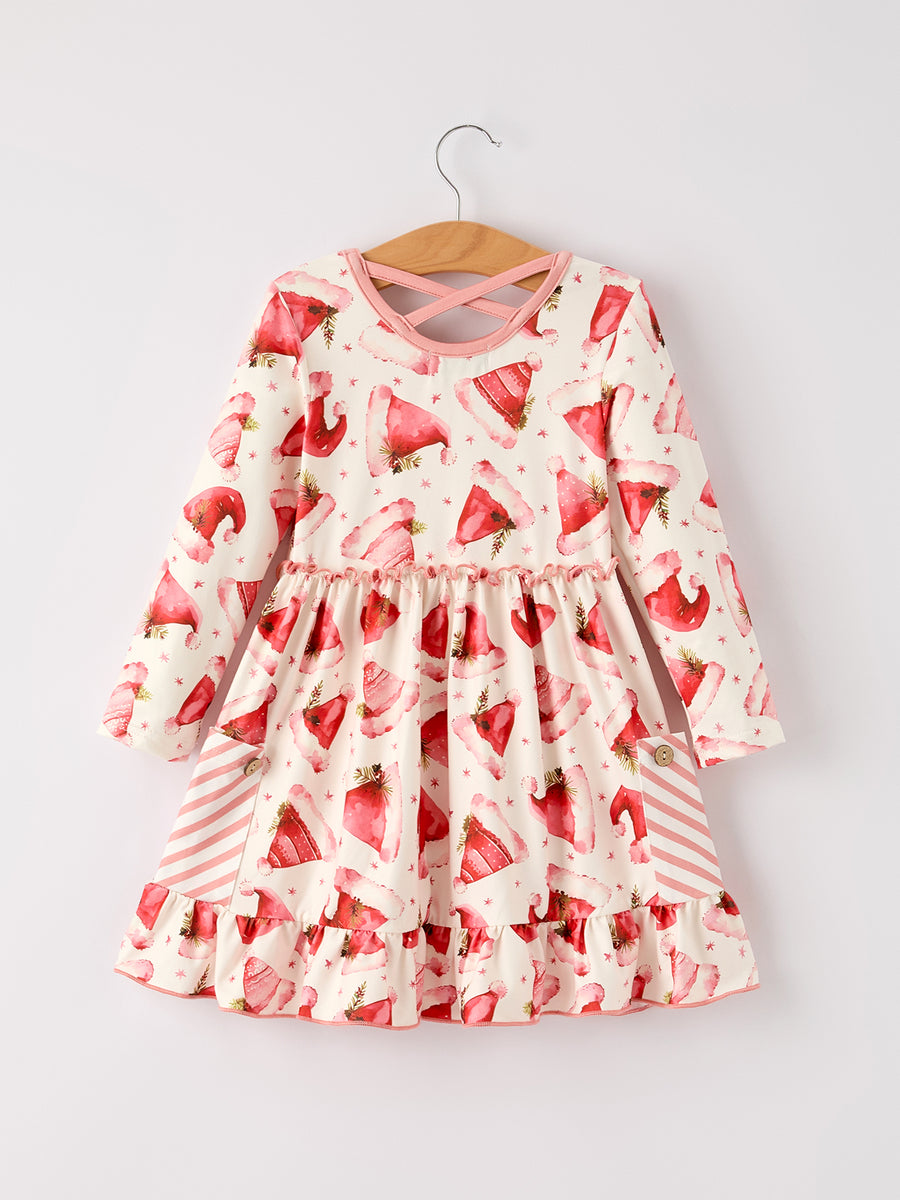 Winter Christmas Santa Hat Print Girls Pocket Ruffle Dress