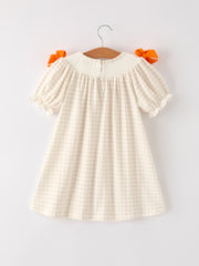 Fall Thanksgiving Apricot Plaid Turkey Embroidery Smocking Baby Girls Dress