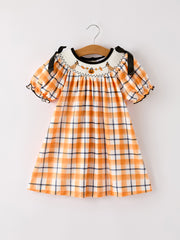 Fall Halloween Orange Embroidery Smocking Girls Dress