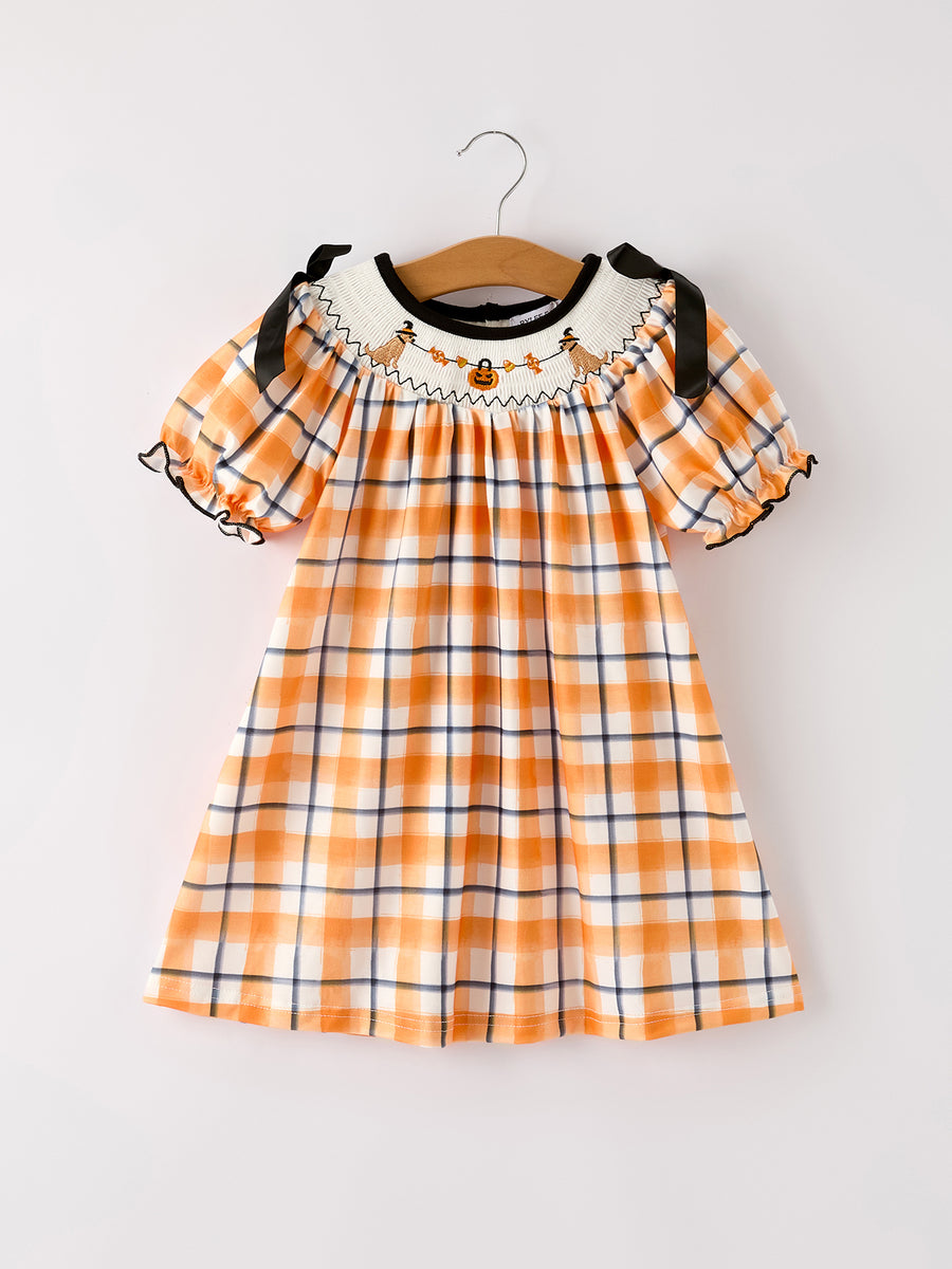Fall Halloween Orange Embroidery Smocking Girls Dress