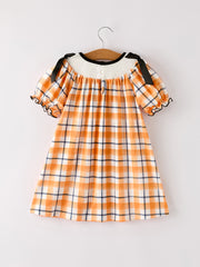 Fall Halloween Orange Embroidery Smocking Girls Dress
