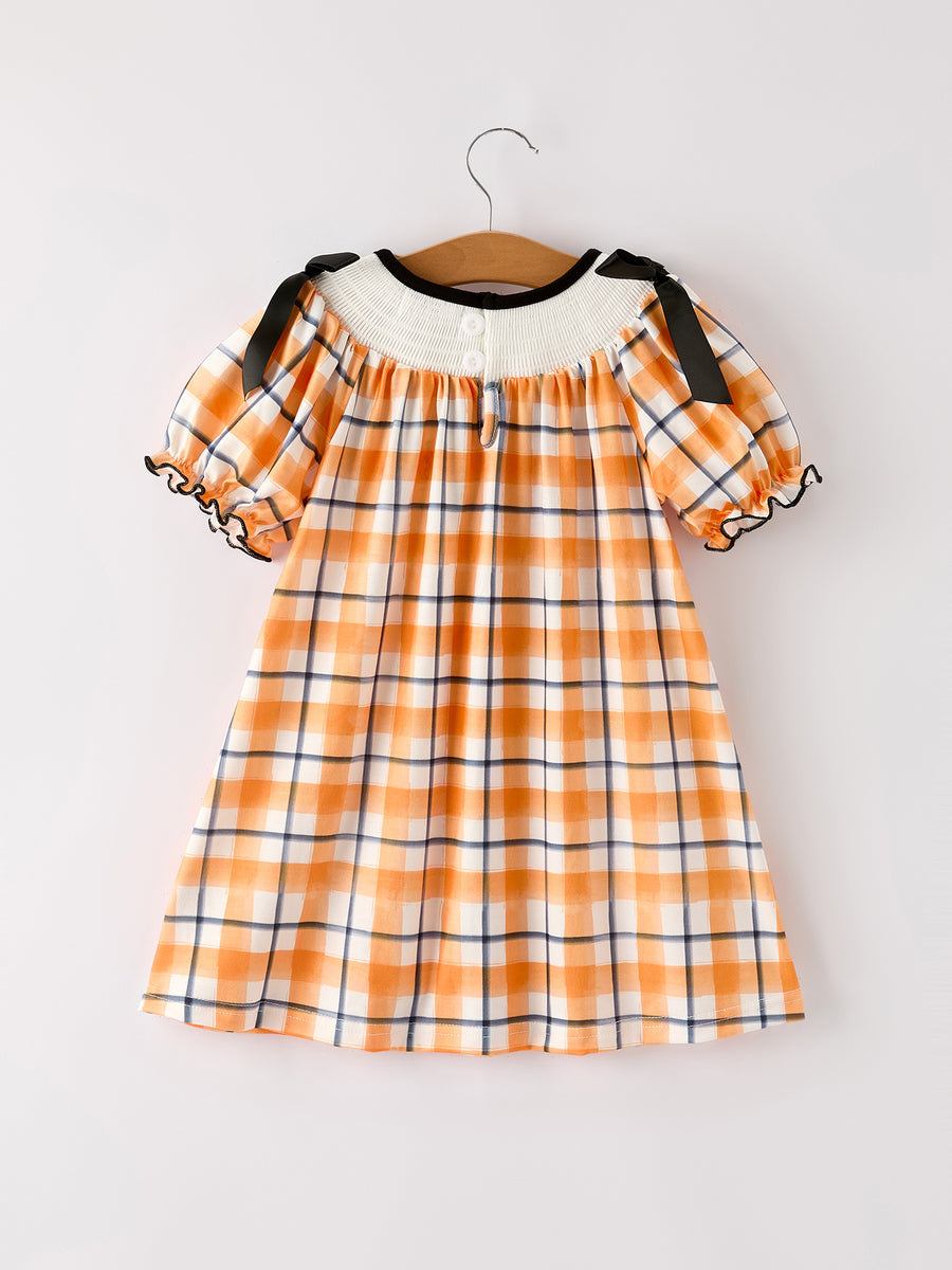 Fall Halloween Orange Embroidery Smocking Girls Dress
