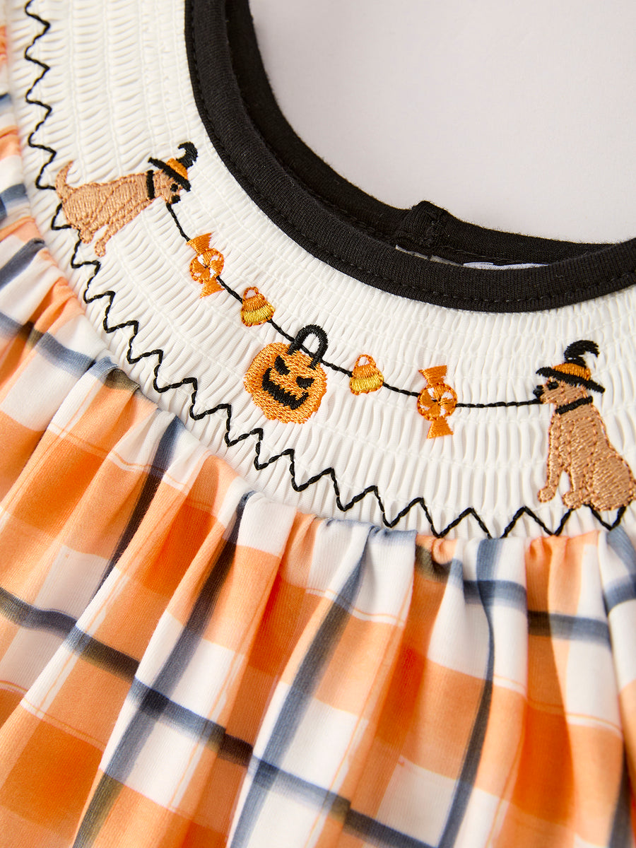 Fall Halloween Orange Embroidery Smocking Girls Dress