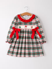 Christmas Embroidery Smocking Bow Plaid Girls Dress