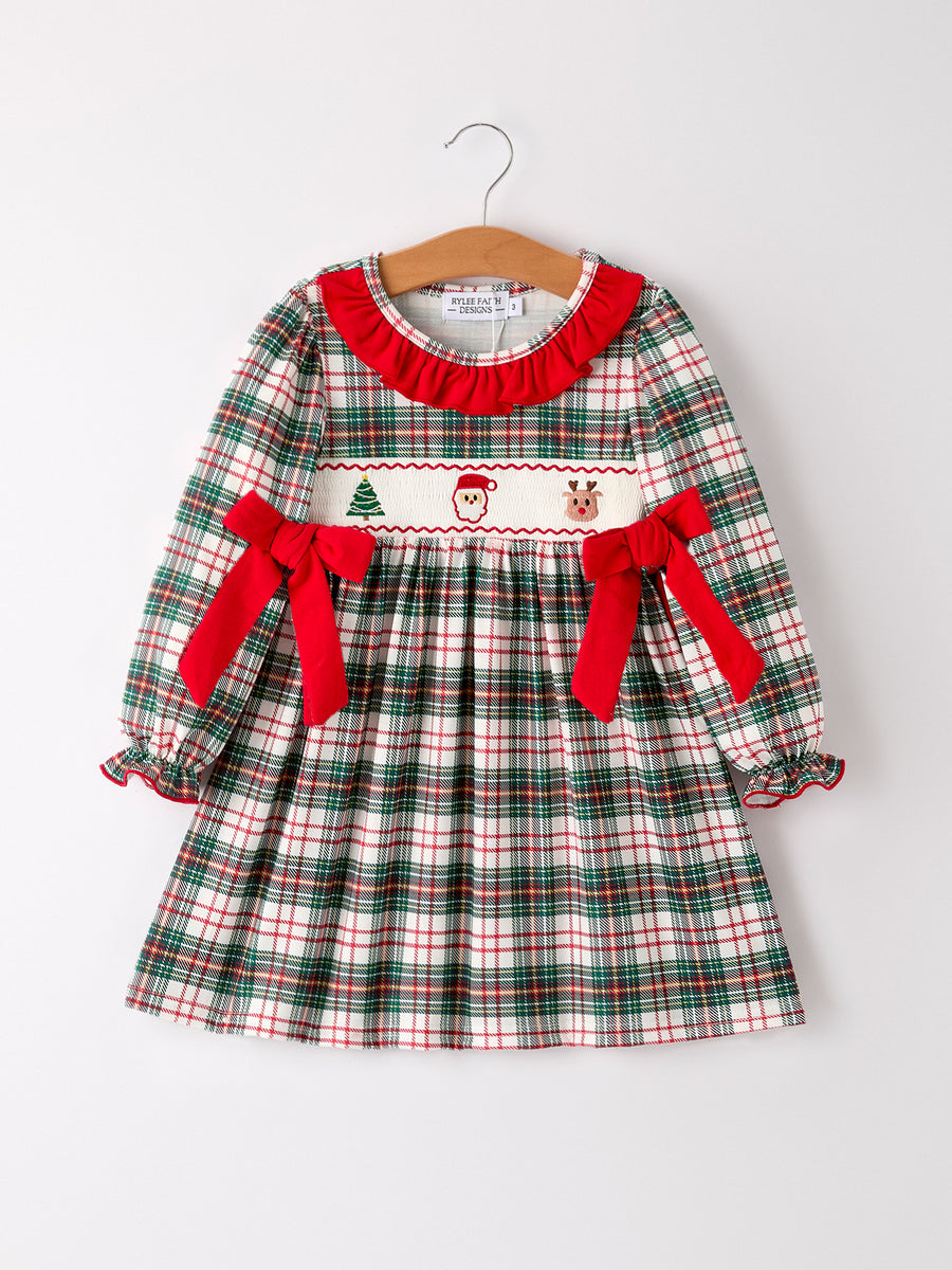 Christmas Embroidery Smocking Bow Plaid Girls Dress