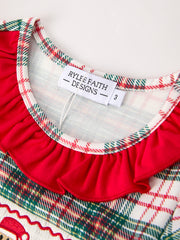 Christmas Embroidery Smocking Bow Plaid Girls Dress