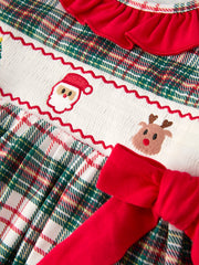 Christmas Embroidery Smocking Bow Plaid Girls Dress
