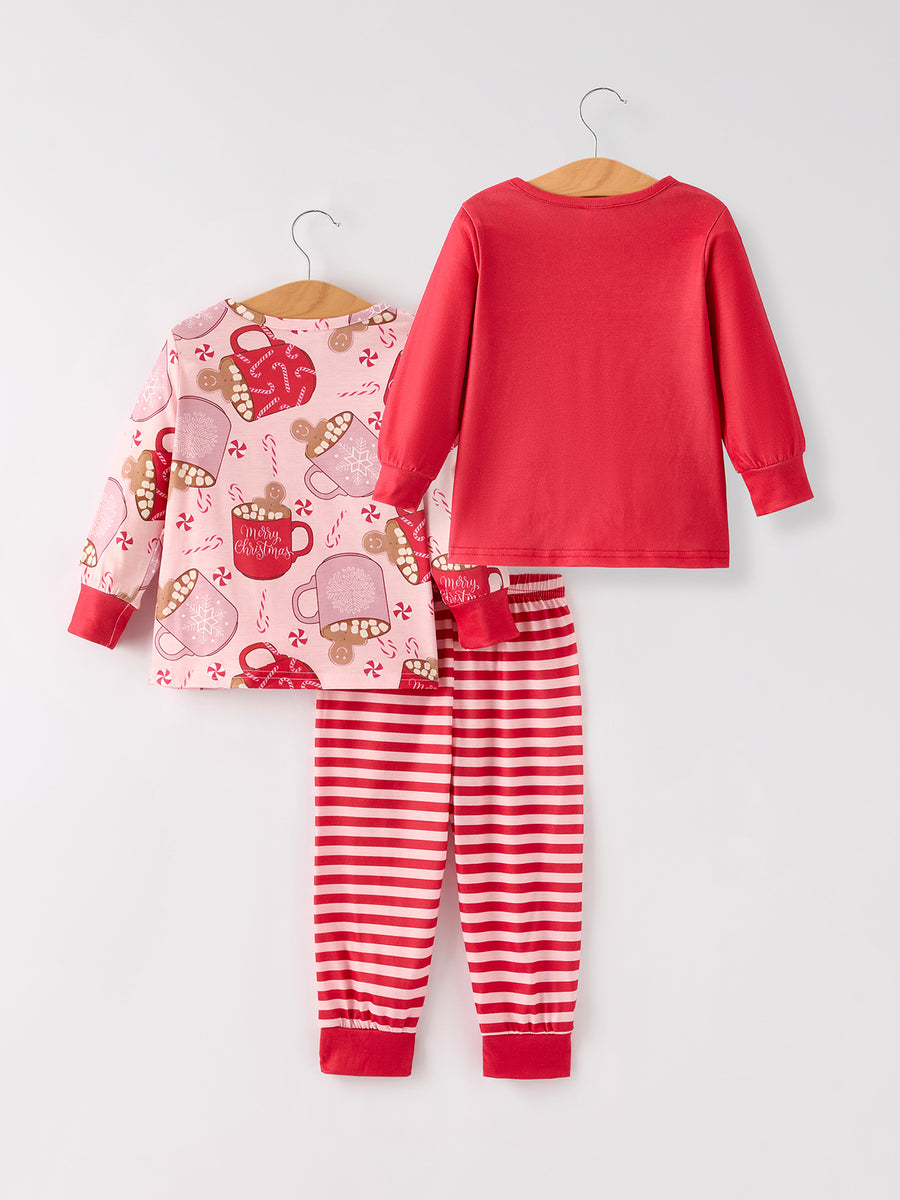 Christmas Print 2 Tops + 1 Pant Combination Girls Pajama Set