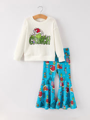 Christmas Character Print Sweatshirt & Bell Bottom Pants Set