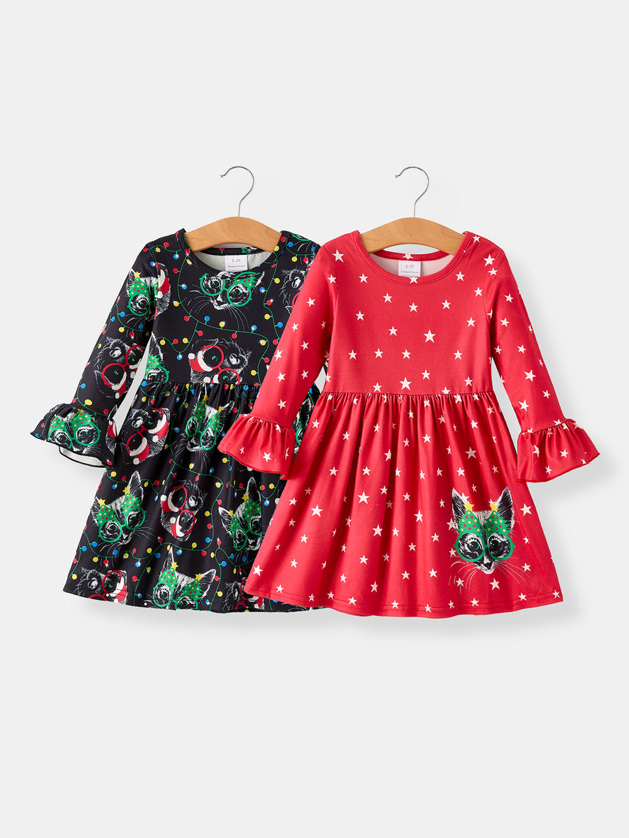 Winter Christmas Print Girls Dress Set (2 Pieces)