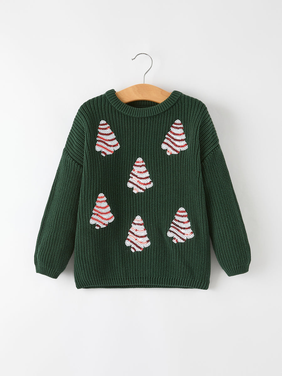 Festive Holiday Girls Sweater with Candy Stripe Tree Sequins