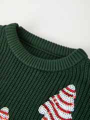 Festive Holiday Girls Sweater with Candy Stripe Tree Sequins
