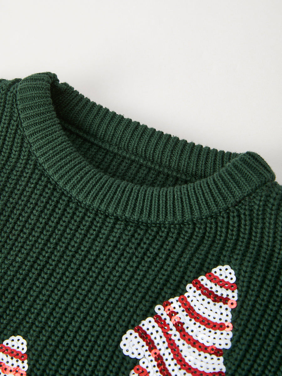 Festive Holiday Girls Sweater with Candy Stripe Tree Sequins