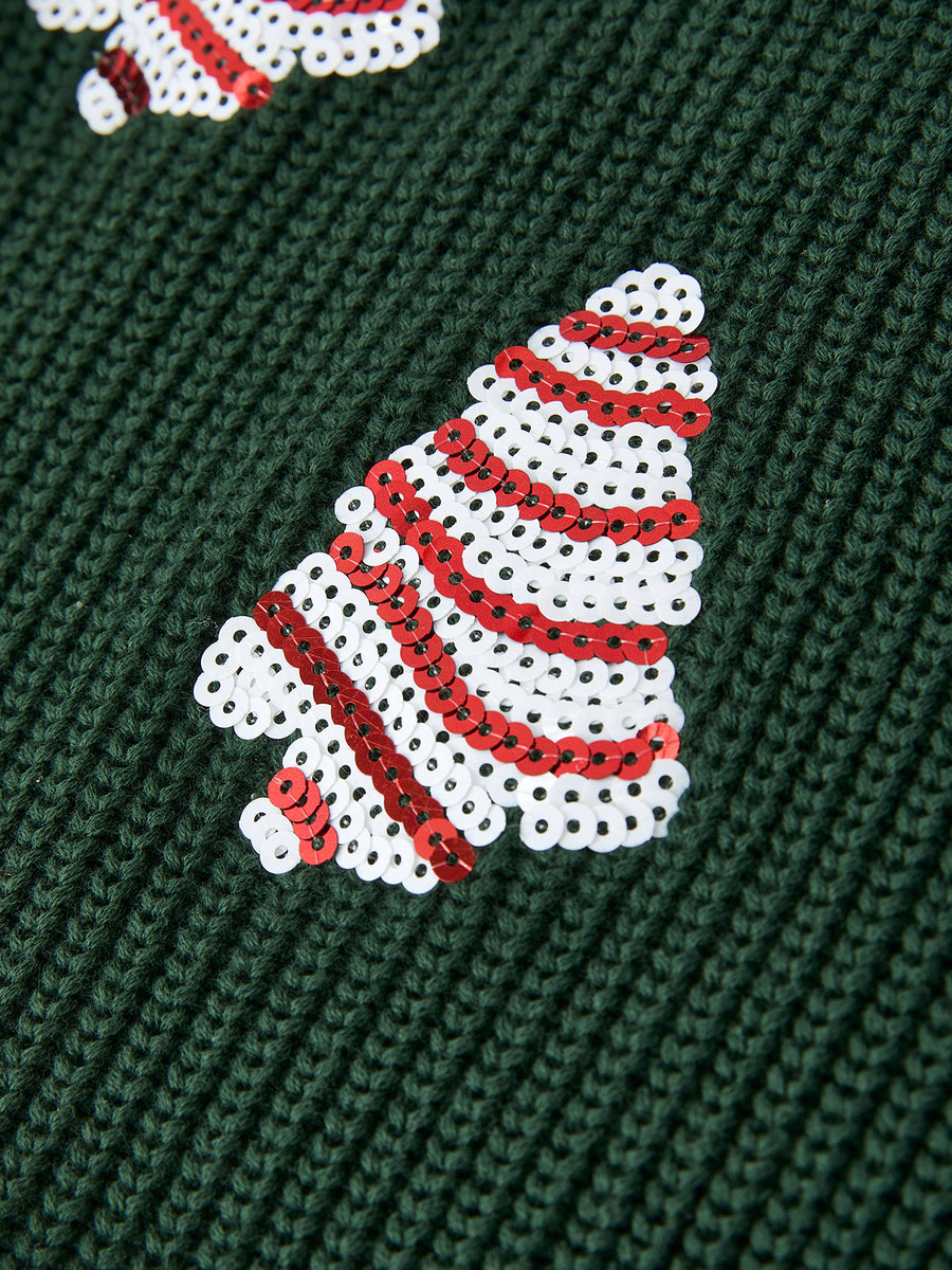 Festive Holiday Girls Sweater with Candy Stripe Tree Sequins