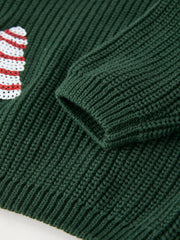 Festive Holiday Girls Sweater with Candy Stripe Tree Sequins