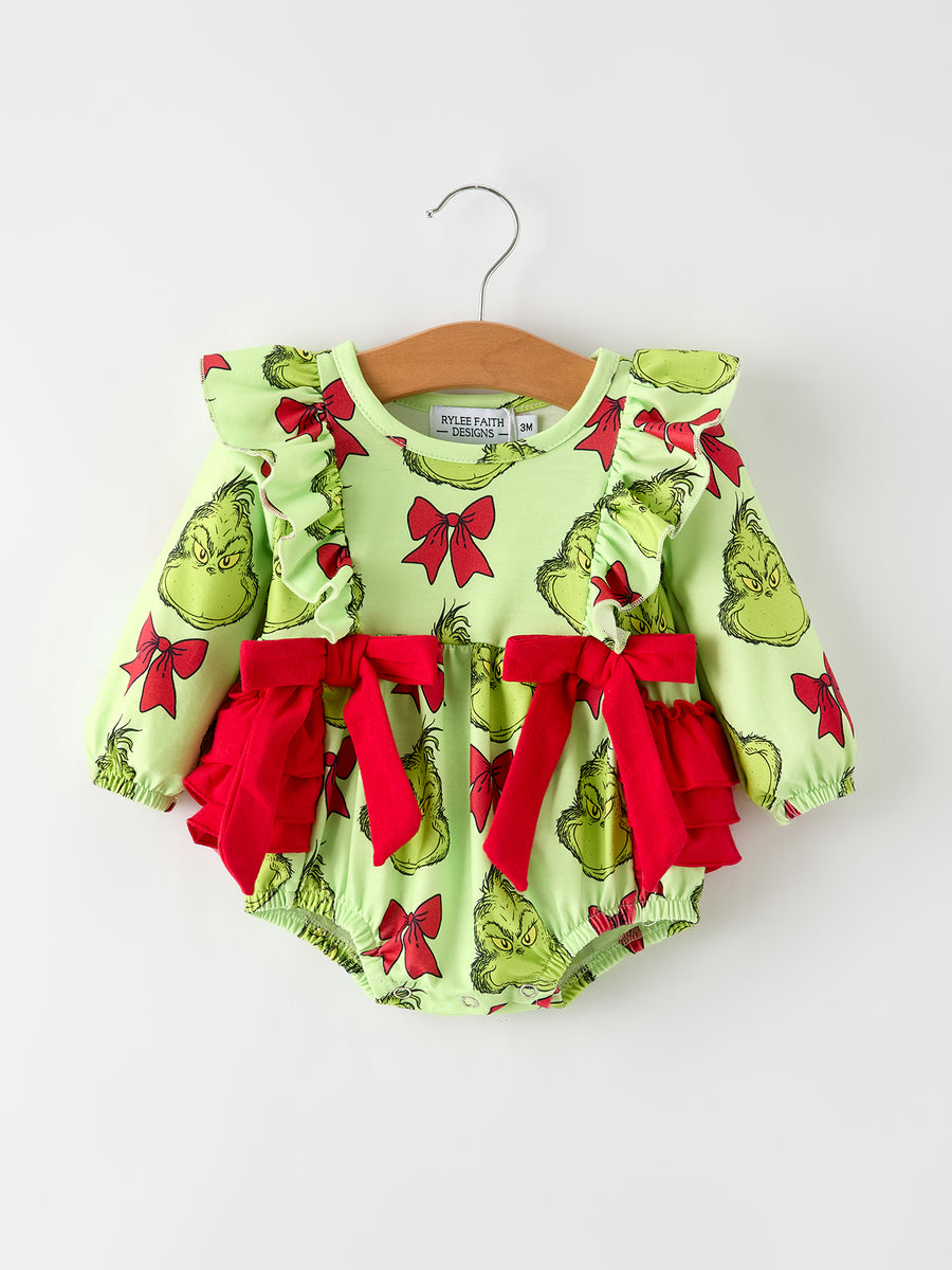 Christmas Baby Girls Romper with Character Print and Red Bows