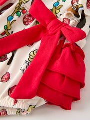 Christmas Character Print Baby Girls Romper with Red Bow Detail