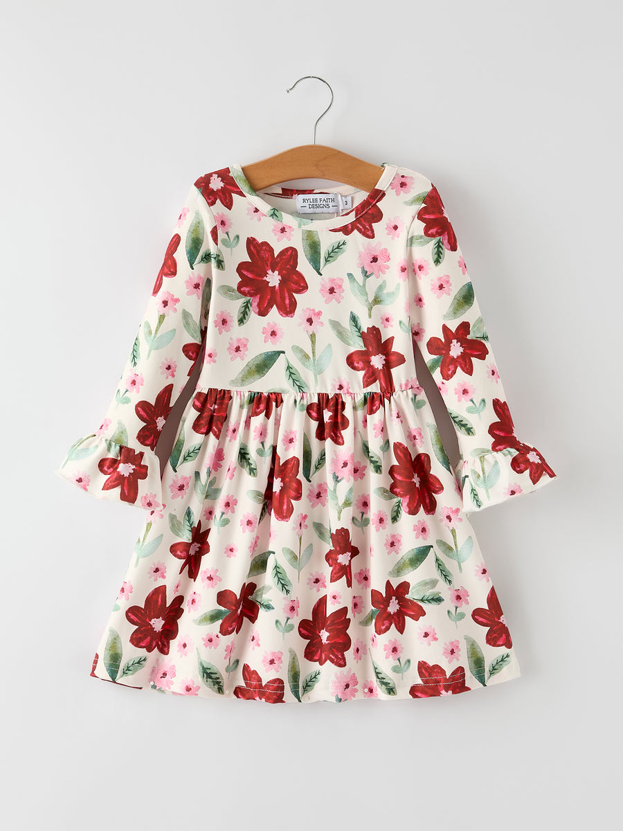 Christmas Girls' Long Sleeve Floral Dress โ Red and Pink