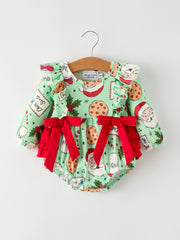Christmas Santa and Cookie Print Baby Girls Romper with Red Bow Detail