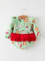 Christmas Santa and Cookie Print Baby Girls Romper with Red Bow Detail