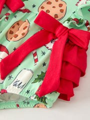Christmas Santa and Cookie Print Baby Girls Romper with Red Bow Detail