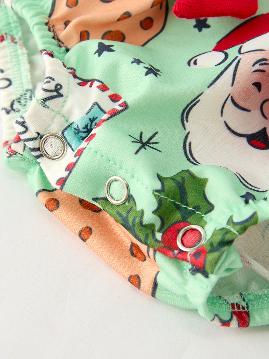 Christmas Santa and Cookie Print Baby Girls Romper with Red Bow Detail