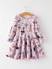 Purple Halloween Themed Dress for Toddler Girls with Spiders and Pumpkins