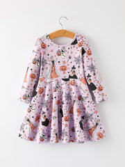 Purple Halloween Themed Dress for Toddler Girls with Spiders and Pumpkins