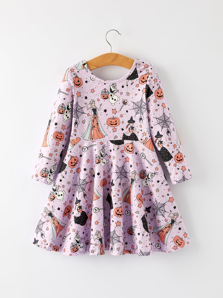 Purple Halloween Themed Dress for Toddler Girls with Spiders and Pumpkins