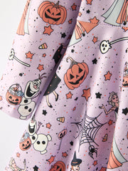 Purple Halloween Themed Dress for Toddler Girls with Spiders and Pumpkins