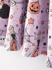 Purple Halloween Themed Dress for Toddler Girls with Spiders and Pumpkins