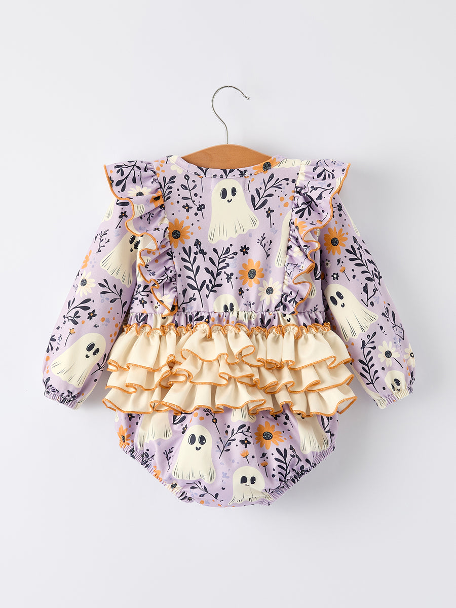 Purple Halloween Ghost Print Baby Girl Romper with Bow Ruffles
