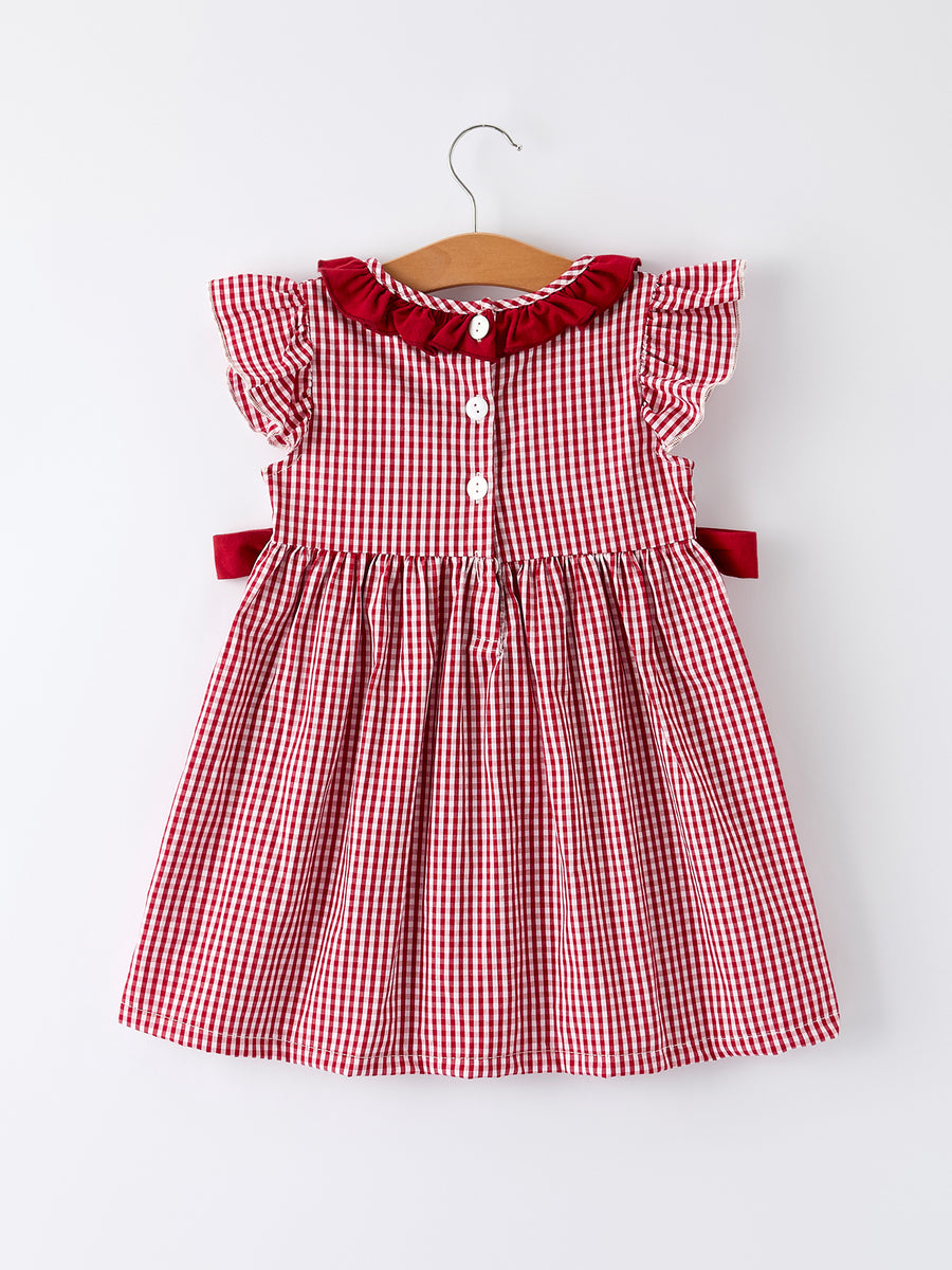 Roll Tide Embroidery Gingham Girl Dress with Red Bow