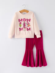 Cute Character Christmas Print Sweatshirt + Velvet Flared Pants Set
