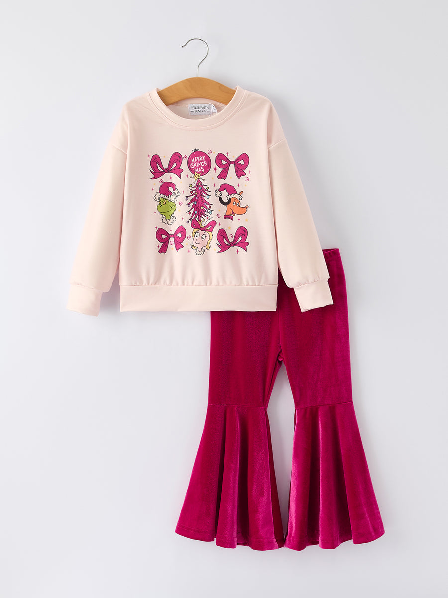Cute Character Christmas Print Sweatshirt + Velvet Flared Pants Set