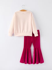 Cute Character Christmas Print Sweatshirt + Velvet Flared Pants Set