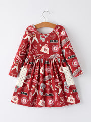 Girls Football Print Long Sleeve Dress Patch Pocket
