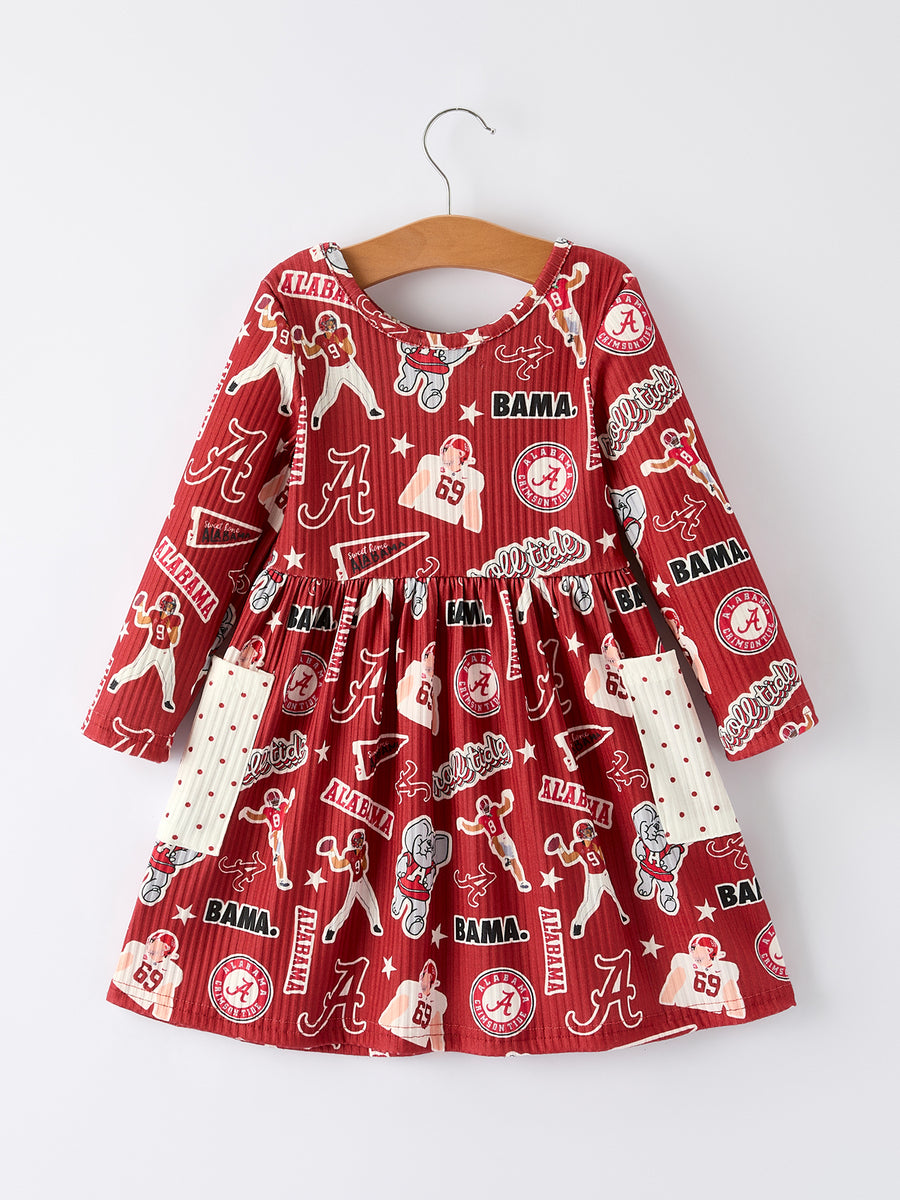 Girls Football Print Long Sleeve Dress Patch Pocket