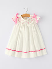 Fall White Girls Dress with Pink Bow Embroidery